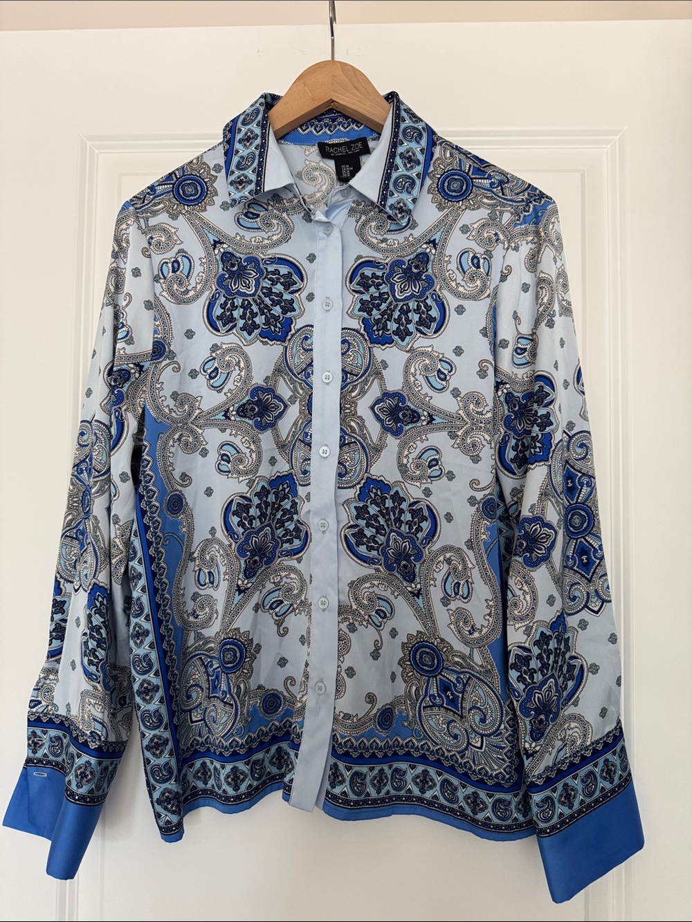 Rachel Zoe Blue Paisley Print Button Front Blouse Shirt Size M